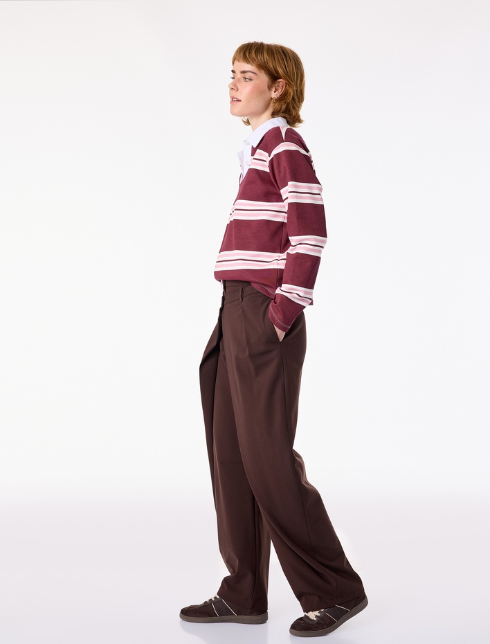  Rahat Kalıp Kat Detaylı Düğmeli Geniş Paça Pantolon