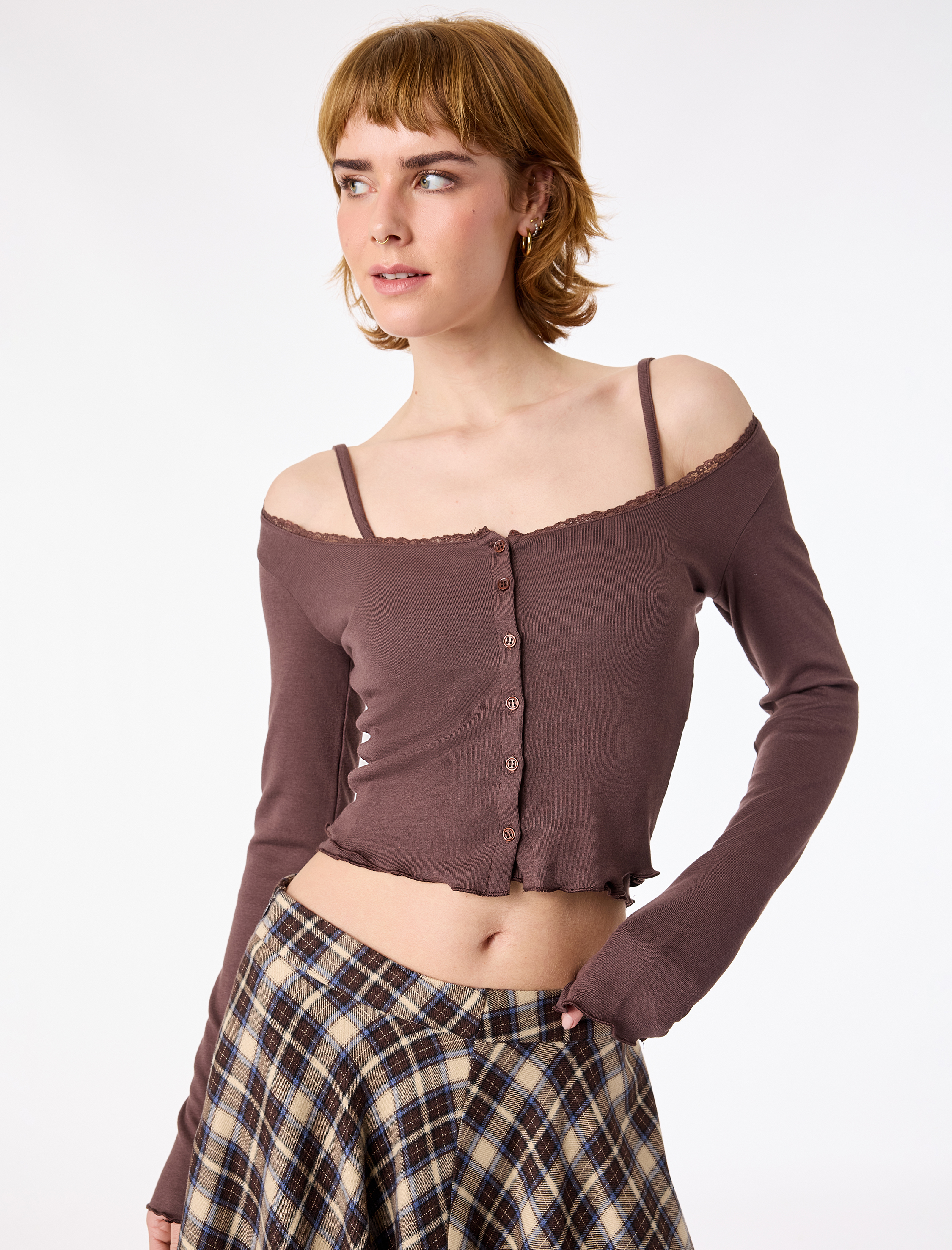   Düğmeli Uzun Kollu U Yaka Katmanlı Modal Karışımlı Slim Fit Hırka