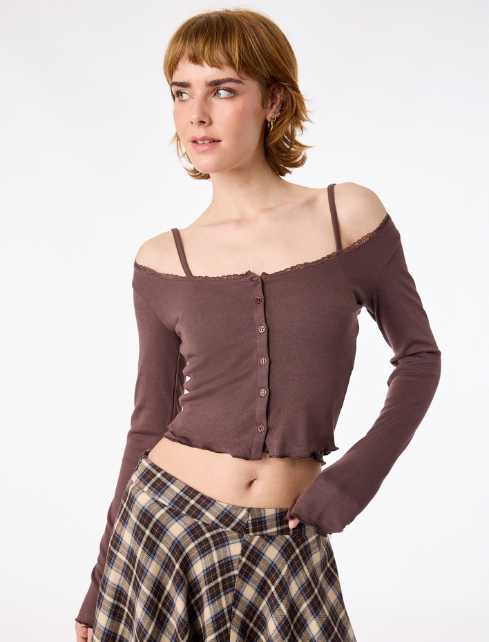  Düğmeli Uzun Kollu U Yaka Katmanlı Modal Karışımlı Slim Fit Hırka