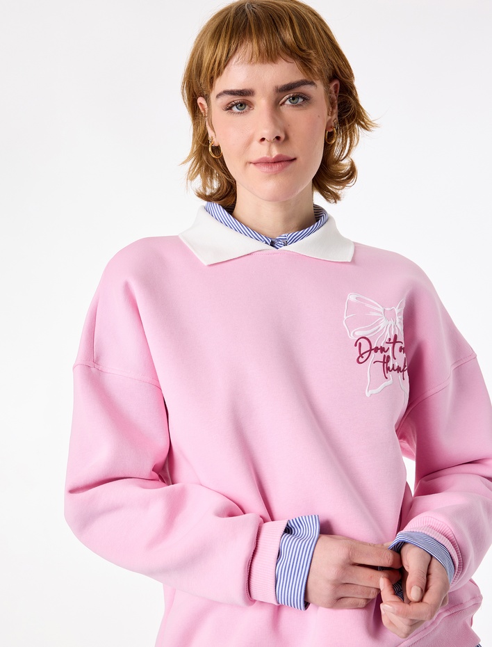  Rahat Kalıp Uzun Kollu Nakış Detaylı Fiyonklu Polo Yaka Sweatshirt