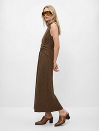 Bürümcük Kumaş Slim Fit Dik Yaka Kolsuz Düğüm Detaylı Kareli Midi Elbise