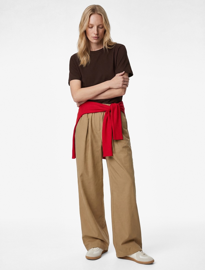  Pamuklu Kısa Kollu Bisiklet Yaka Oversize Basic Tişört