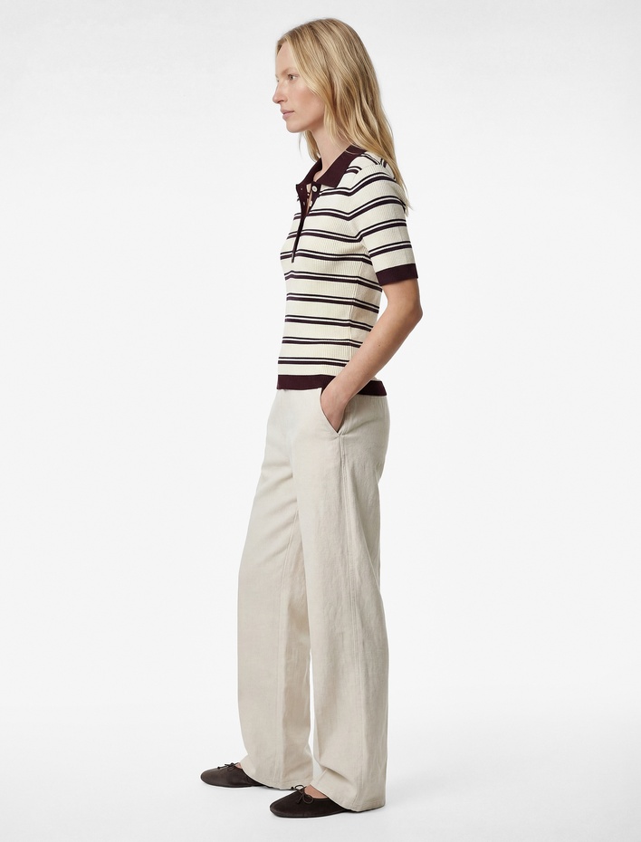  Regular Fit Kısa Kollu Düğmeli Polo Yaka Çizgili Triko Kazak