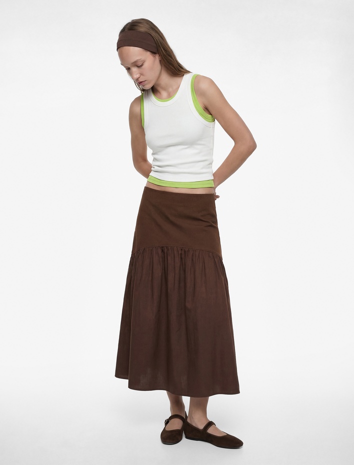  Beli Lastikli Volanlı Pamuklu Asimetrik Dikişli Midi Etek