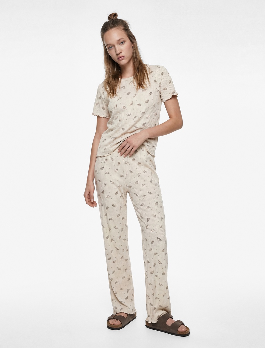 Koton Kadın Rahat Kalıp Kısa Kollu Bisiklet Yaka Desenli Pijama Takımı