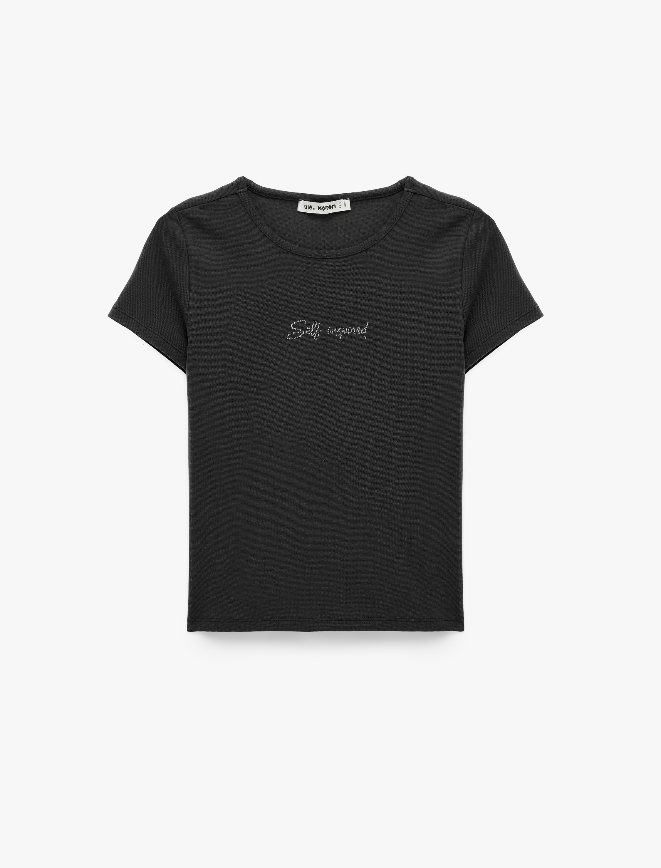   Slim Fit Kısa Kollu Bisiklet Yaka Pamuklu Taş Detaylı Tişört