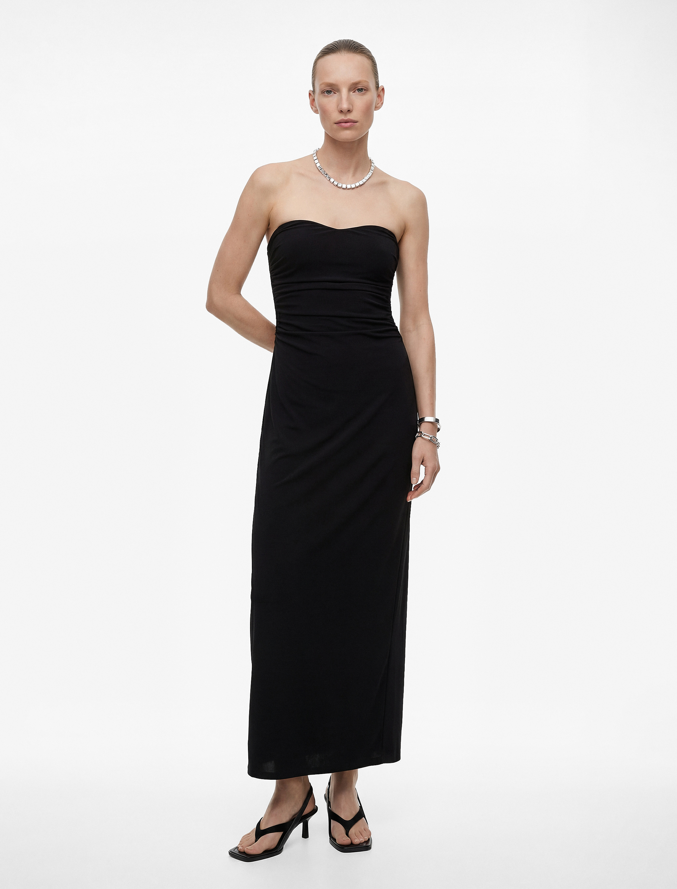   Drapeli Kolsuz Slim Fit Bodycon Midi Straplez Abiye Elbise