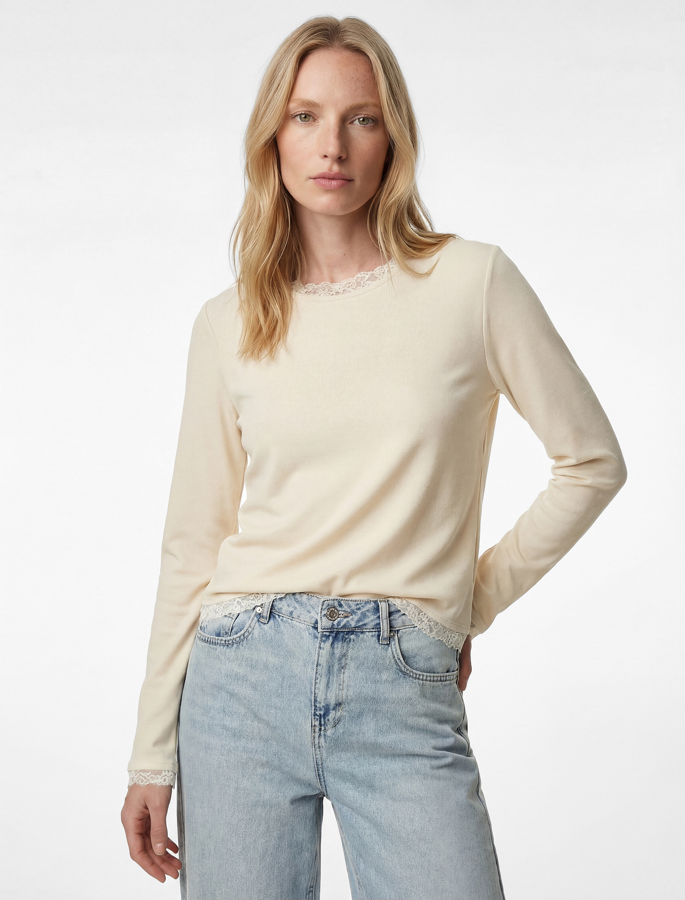   Uzun Kollu Yuvarlak Yaka Dantel Detaylı Triko Kazak