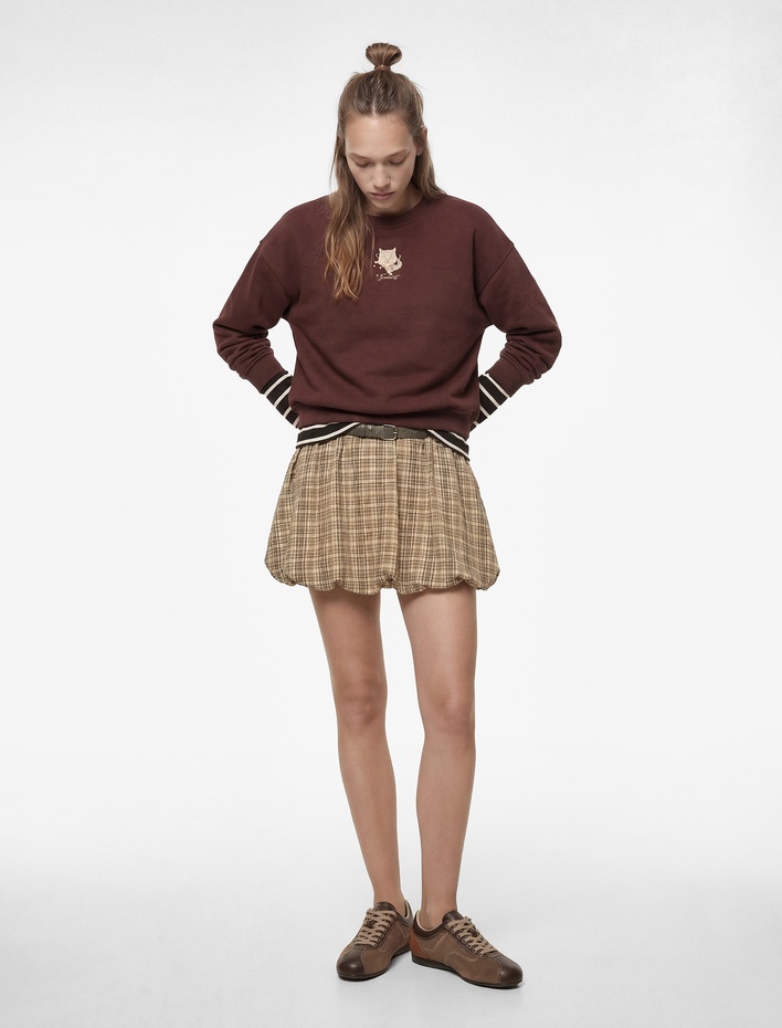  Kemer Detaylı Ekoseli Rahat Kesim Mini Balon Etek