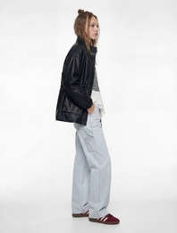 Dik Yaka Cepli Fermuarlı Büzgü Detaylı Bağcıklı Suni Deri Ceket