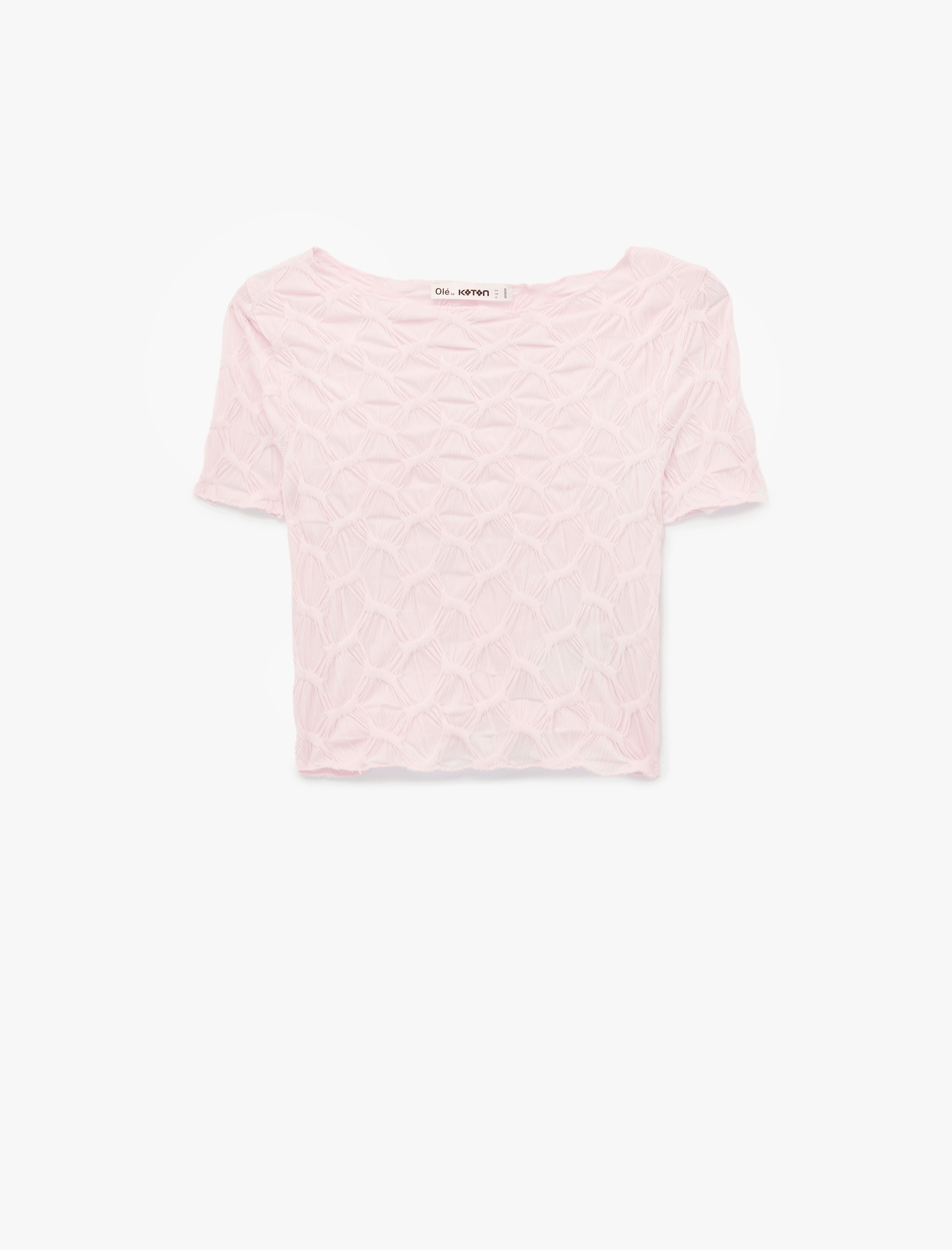   Bürümcük Kumaş Slim Fit Kısa Kollu Kayık Yaka Crop Tişört