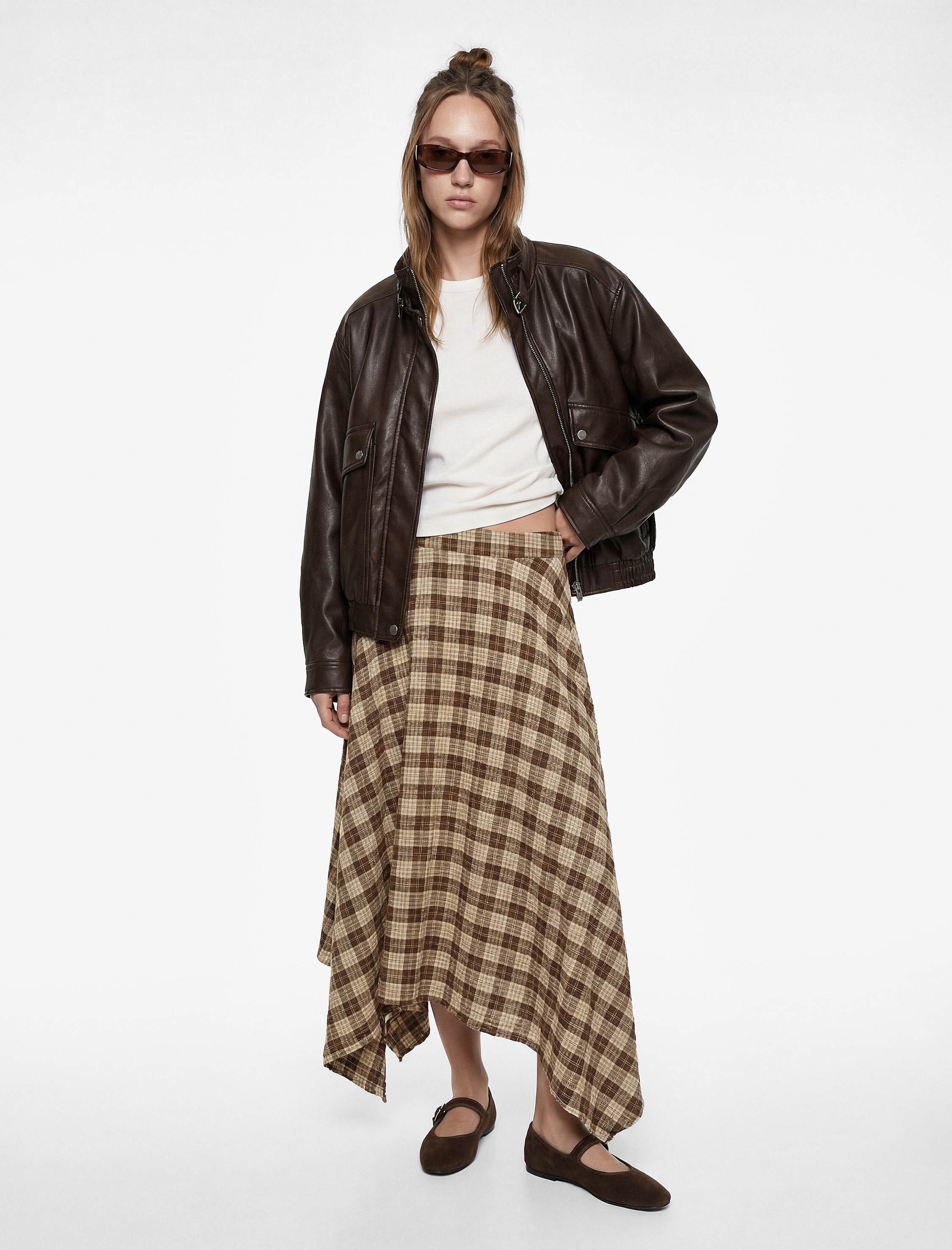   Rahat Kalıp Normal Bel Viskon Karışımlı Ekoseli Midi Asimetrik Etek