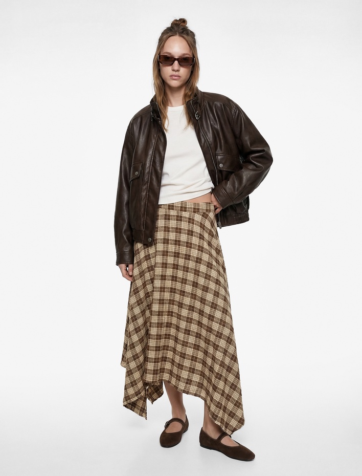  Rahat Kalıp Normal Bel Viskon Karışımlı Ekoseli Midi Asimetrik Etek