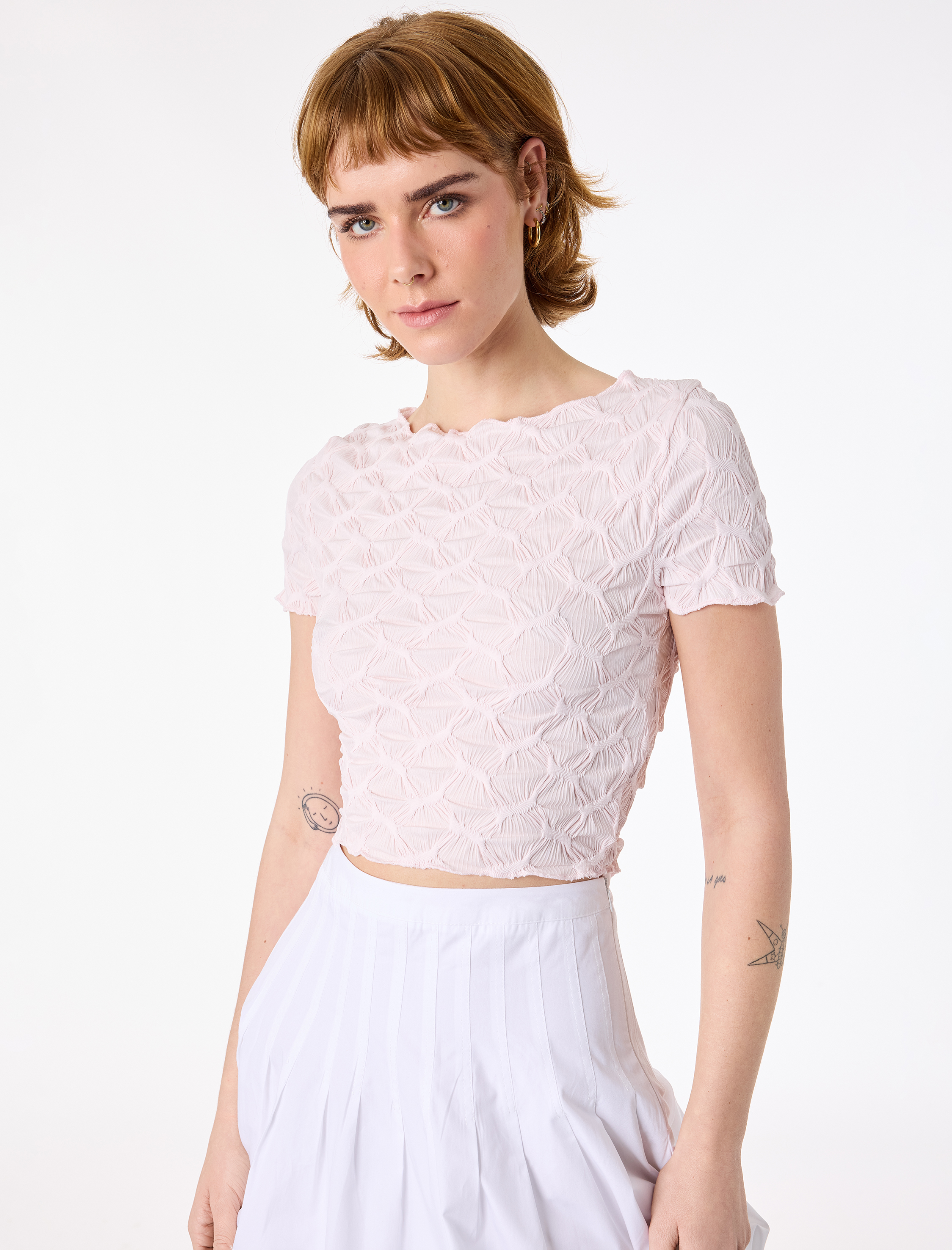   Bürümcük Kumaş Slim Fit Kısa Kollu Kayık Yaka Crop Tişört