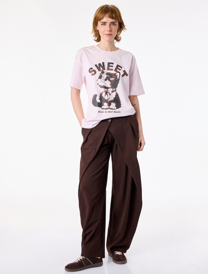  Rahat Kalıp Kısa Kollu Bisiklet Yaka Pamuklu Kedi Baskılı Tişört