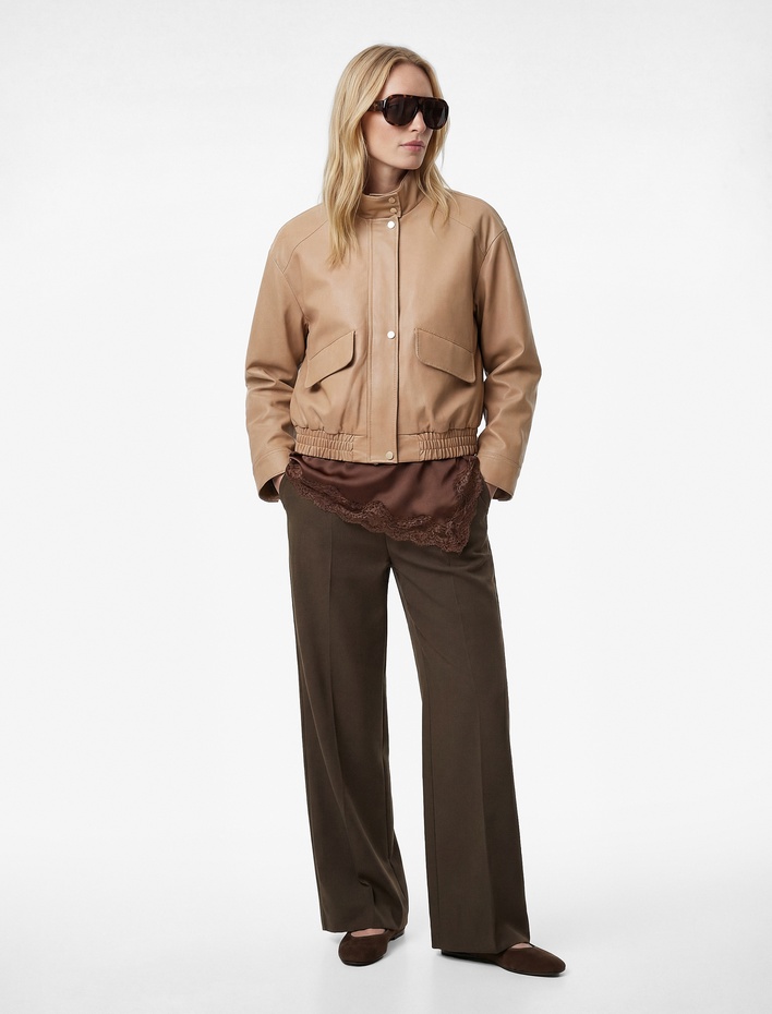  Fermuarlı Cepli Uzun Kollu Dik Yaka Suni Deri Bomber Ceket