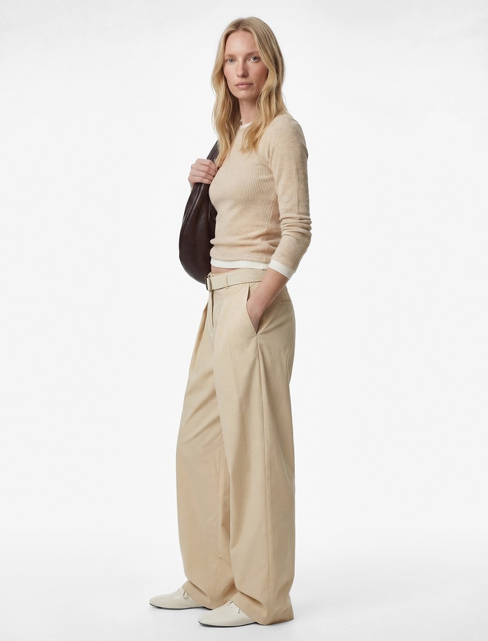  Pamuklu Cepli Pile Detaylı Kemerli Geniş Paça Palazzo Pantolon