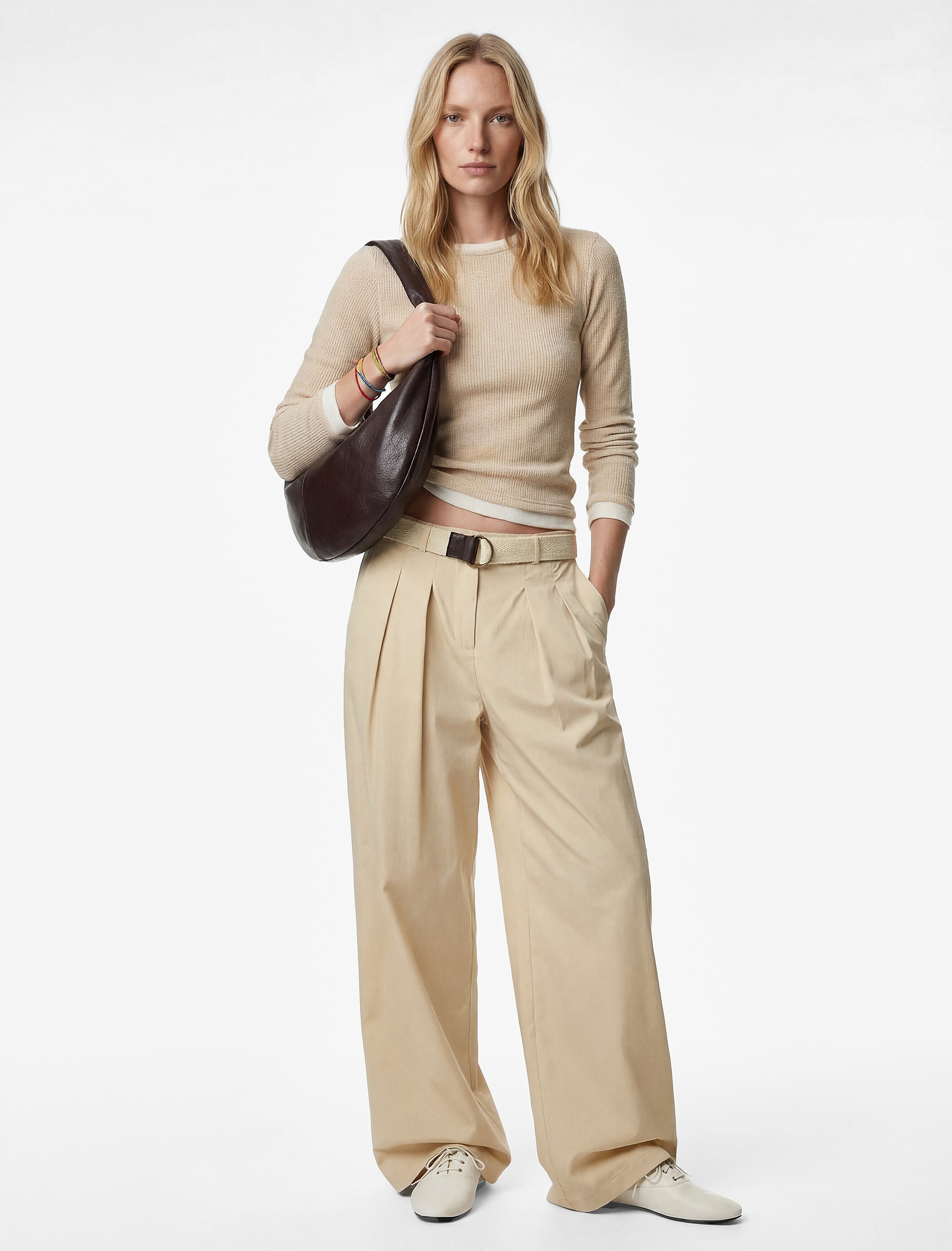   Pamuklu Cepli Pile Detaylı Kemerli Geniş Paça Palazzo Pantolon