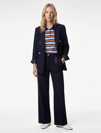 Uzun Kollu Cepli Düğmeli Kruvaze Çizgili Blazer Ceket