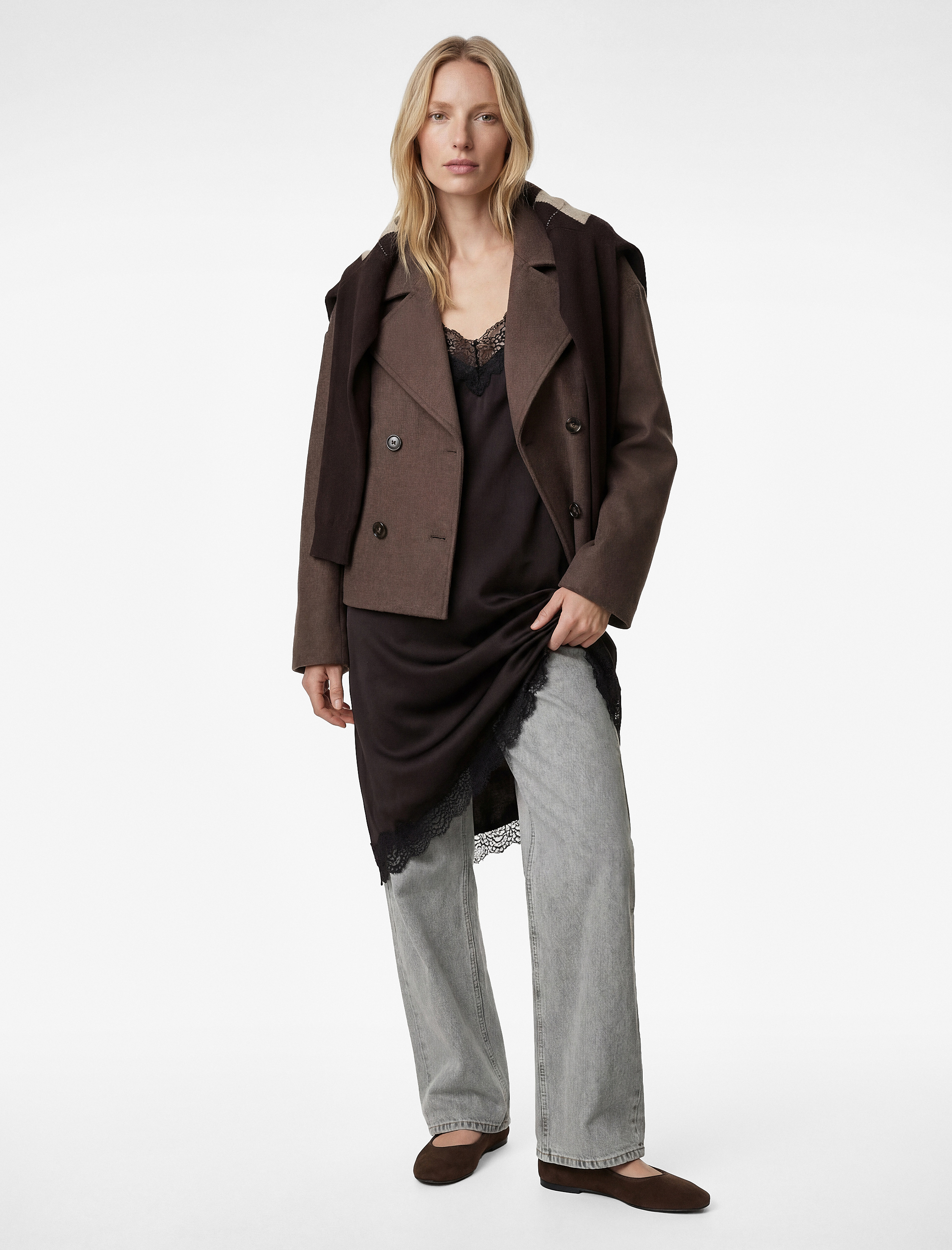   Uzun Kollu Cepli Düğmeli Kruvaze Crop Mevsimlik Kaşe Ceket