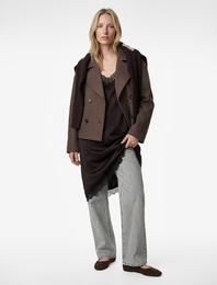 Uzun Kollu Cepli Düğmeli Kruvaze Crop Mevsimlik Kaşe Ceket