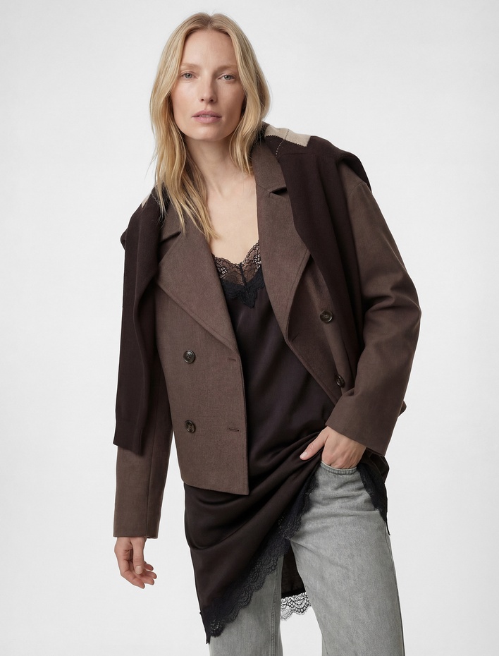  Uzun Kollu Cepli Düğmeli Kruvaze Crop Mevsimlik Kaşe Ceket