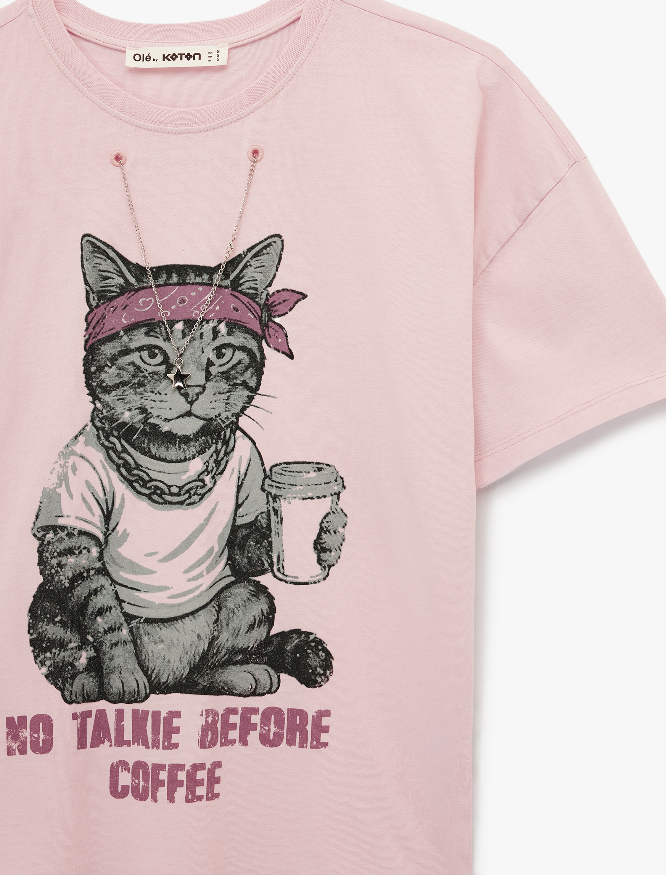   Kısa Kollu Bisiklet Yaka Pamuklu Zincir Kolye Detaylı Kedi Baskılı Tişört