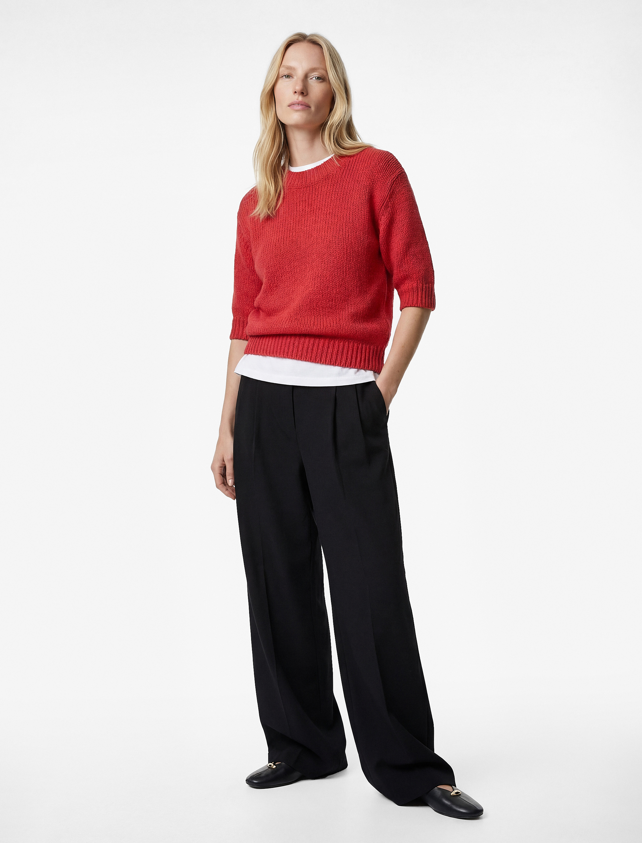   Cep Detaylı Yüksek Bel Bol Kesim Krep Kumaş Pileli Pantolon