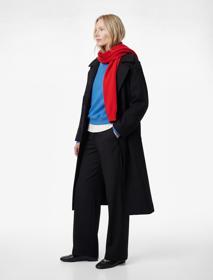  Uzun Kollu Kemerli Kruvaze Uzun Trenç Kaşe Kaban