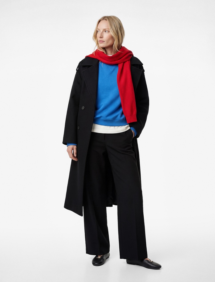  Uzun Kollu Kemerli Kruvaze Uzun Trenç Kaşe Kaban