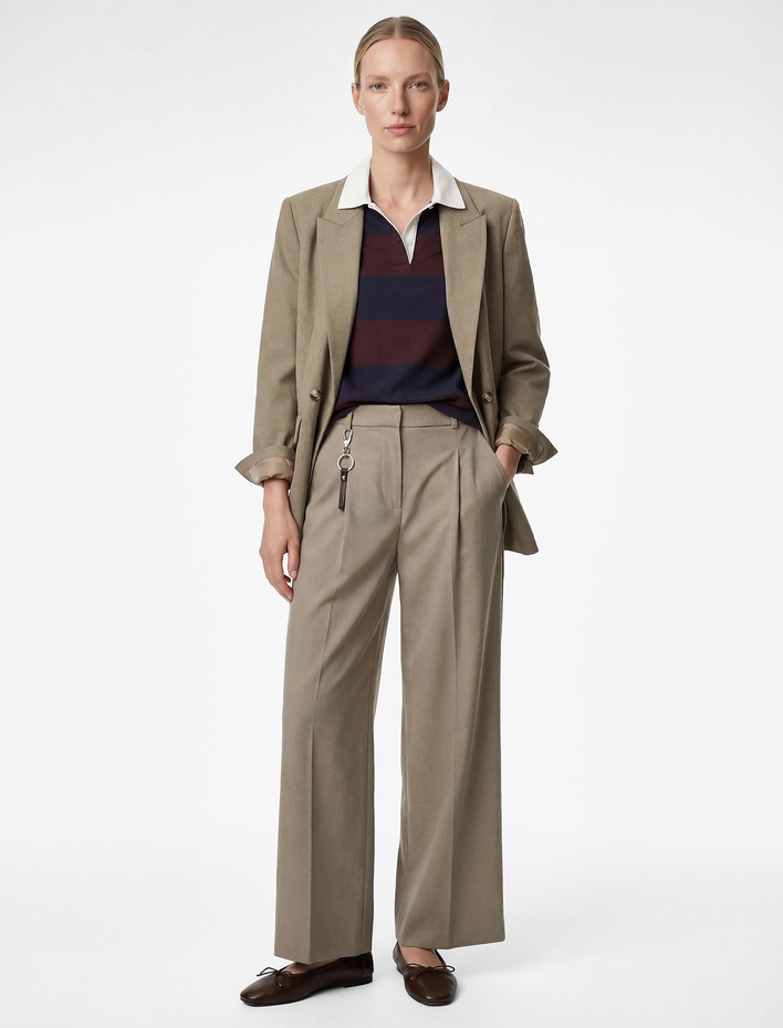  Viskon Karışımlı Cepli Yüksek Bel Düğme Detaylı Palazzo Pantolon