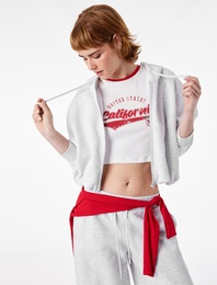 Şardonlu Uzun Kollu Kapüşonlu Arkası Baskılı Fermuarlı Sweatshirt