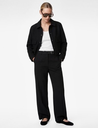 Cepli Yarım Kemer Detaylı Uzun Düz Geniş Paça Kumaş Pantolon