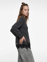 Pamuklu Uzun Kollu Bisiklet Yaka Dantel Detaylı Oversize Tişört