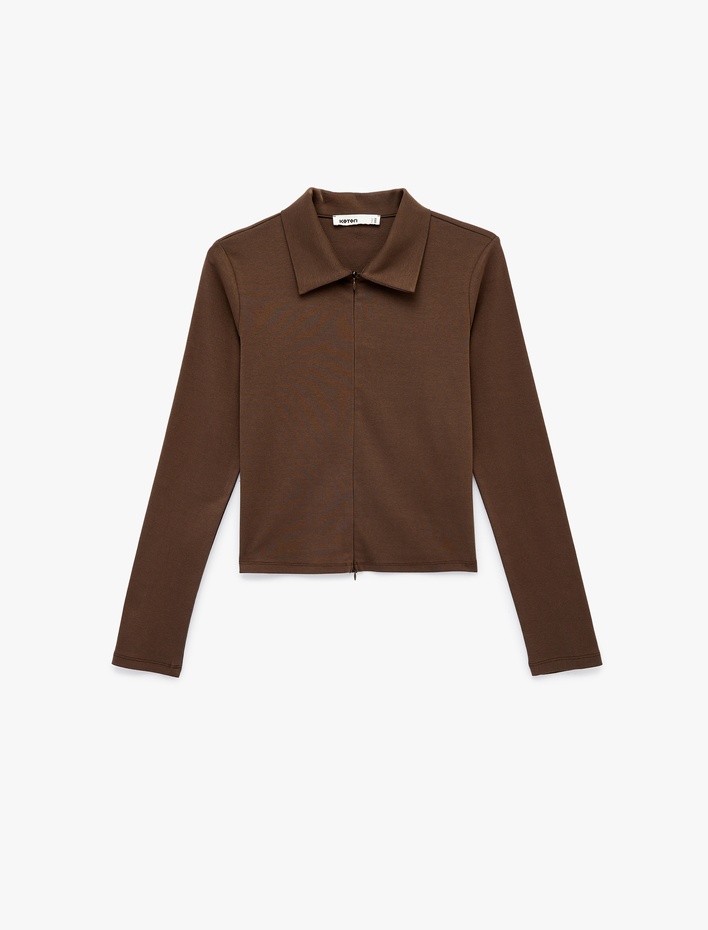  Pamuklu Slim Fit Uzun Kollu Polo Yaka Fermuarlı Hırka