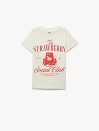 Baskılı Kısa Kollu Bisiklet Yaka Pamuklu Çilek Baskılı Tişört