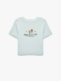 Kısa Kollu Bisiklet Yaka Pamuklu Köpek Baskılı Fitilli Tişört