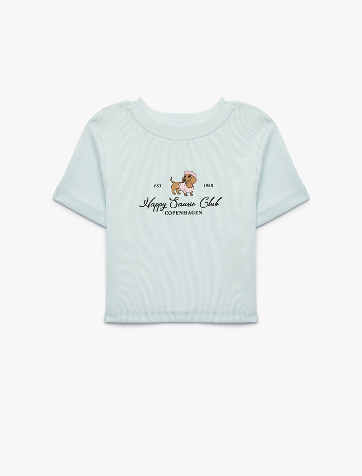 Kız Çocuk Kısa Kollu Bisiklet Yaka Pamuklu Köpek Baskılı Fitilli Tişört