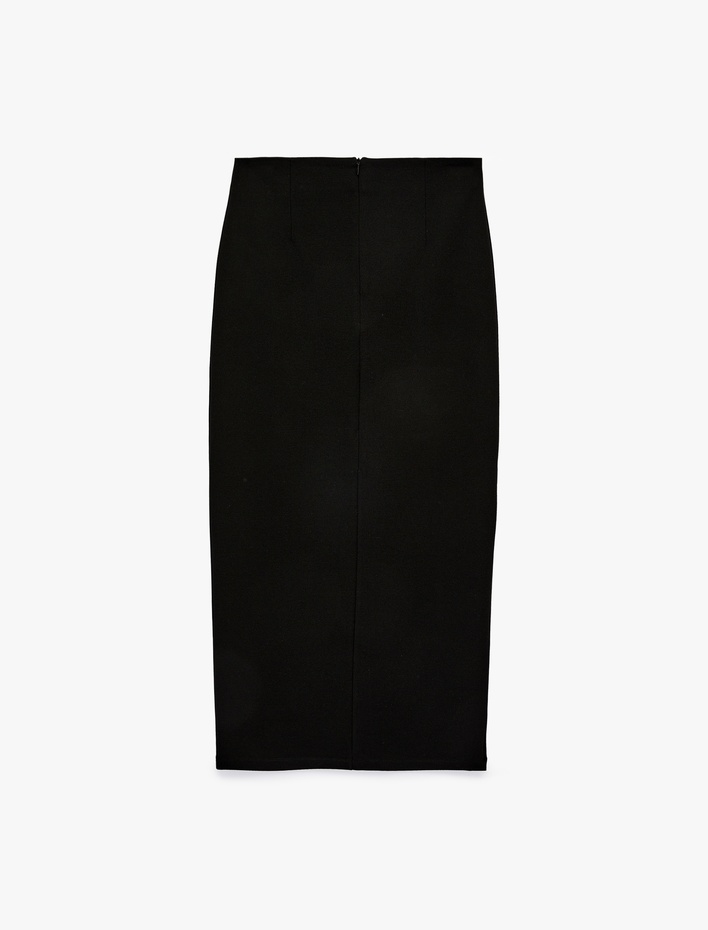  Mücevher Düğme Detaylı Yırtmaçlı Midi Kalem Etek