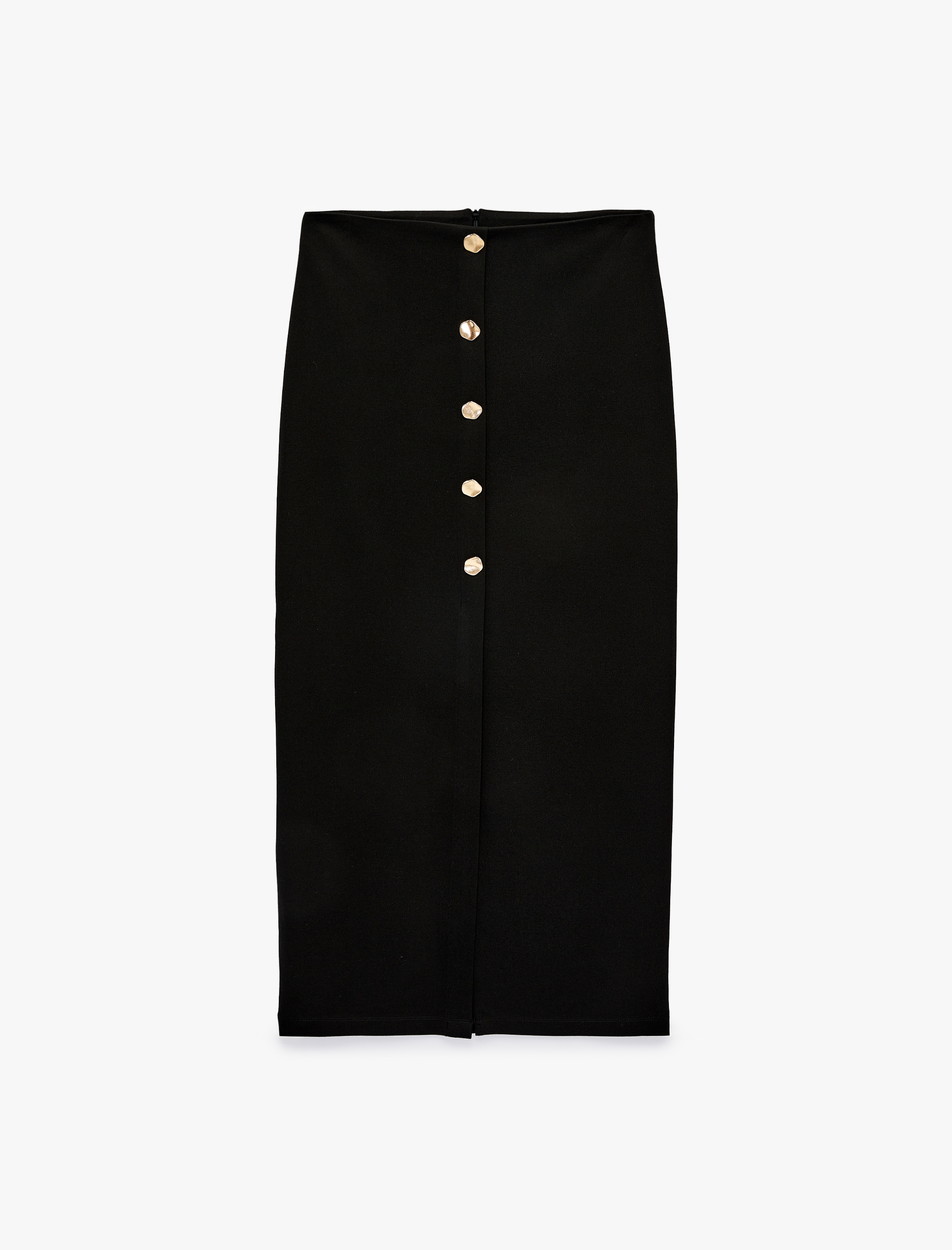   Mücevher Düğme Detaylı Yırtmaçlı Midi Kalem Etek