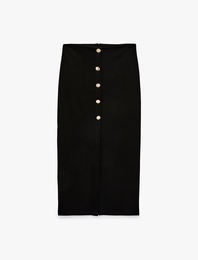 Mücevher Düğme Detaylı Yırtmaçlı Midi Kalem Etek