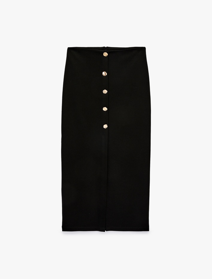  Mücevher Düğme Detaylı Yırtmaçlı Midi Kalem Etek