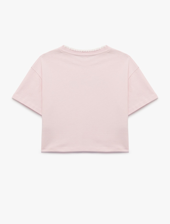 Kız Çocuk Pamuklu Kısa Kollu Bisiklet Yaka Nakışlı Tişört