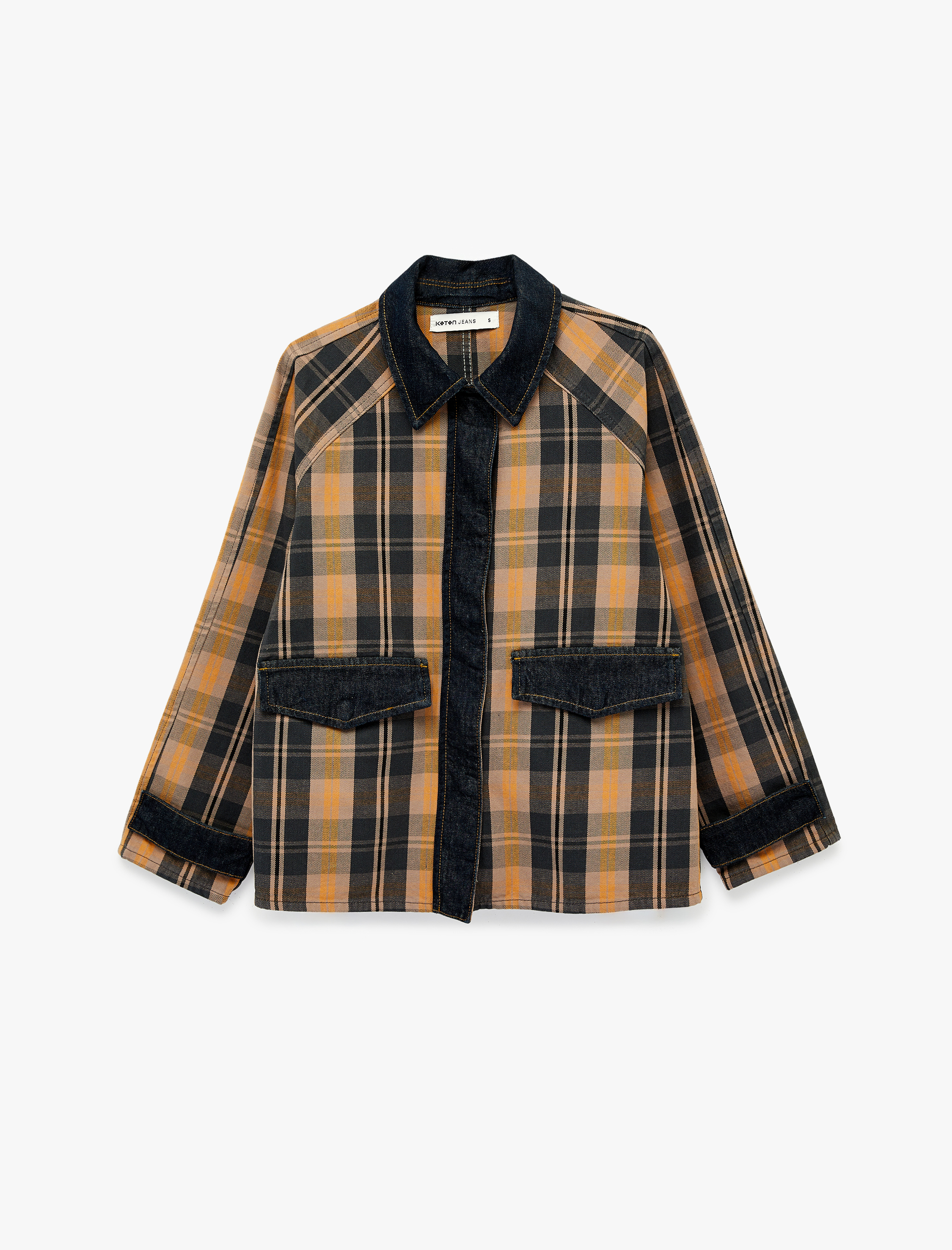   Pamuklu Uzun Kollu Klasik Yaka Cep Detaylı Ekoseli Oversize Shacket