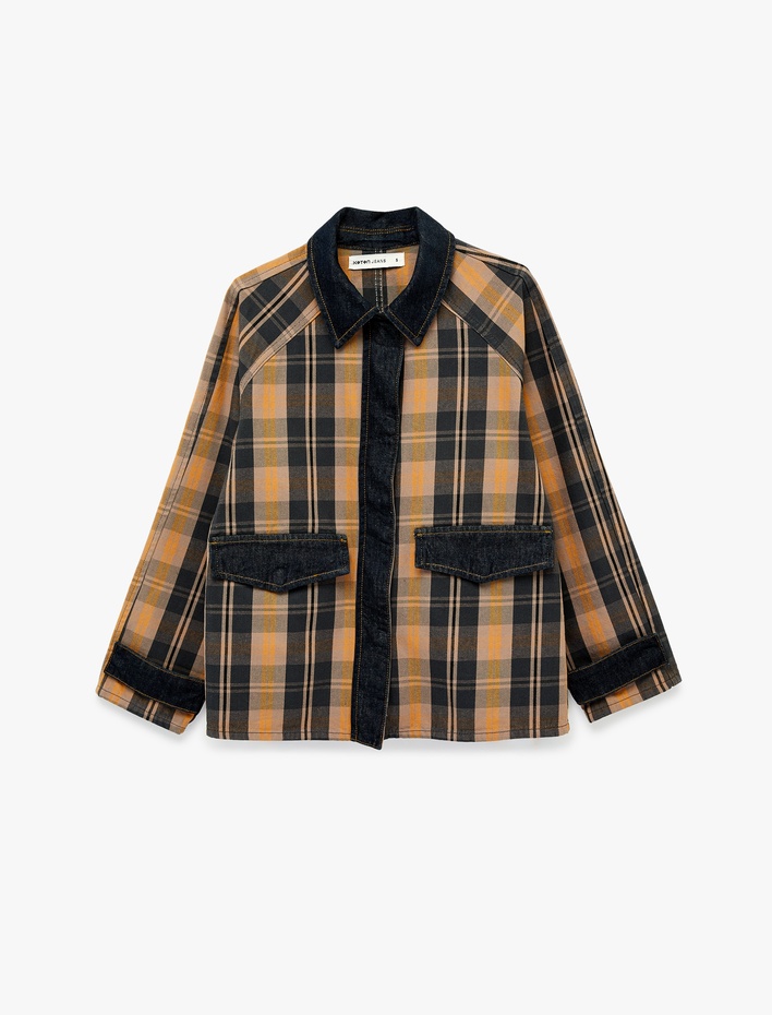  Pamuklu Uzun Kollu Klasik Yaka Cep Detaylı Ekoseli Oversize Shacket