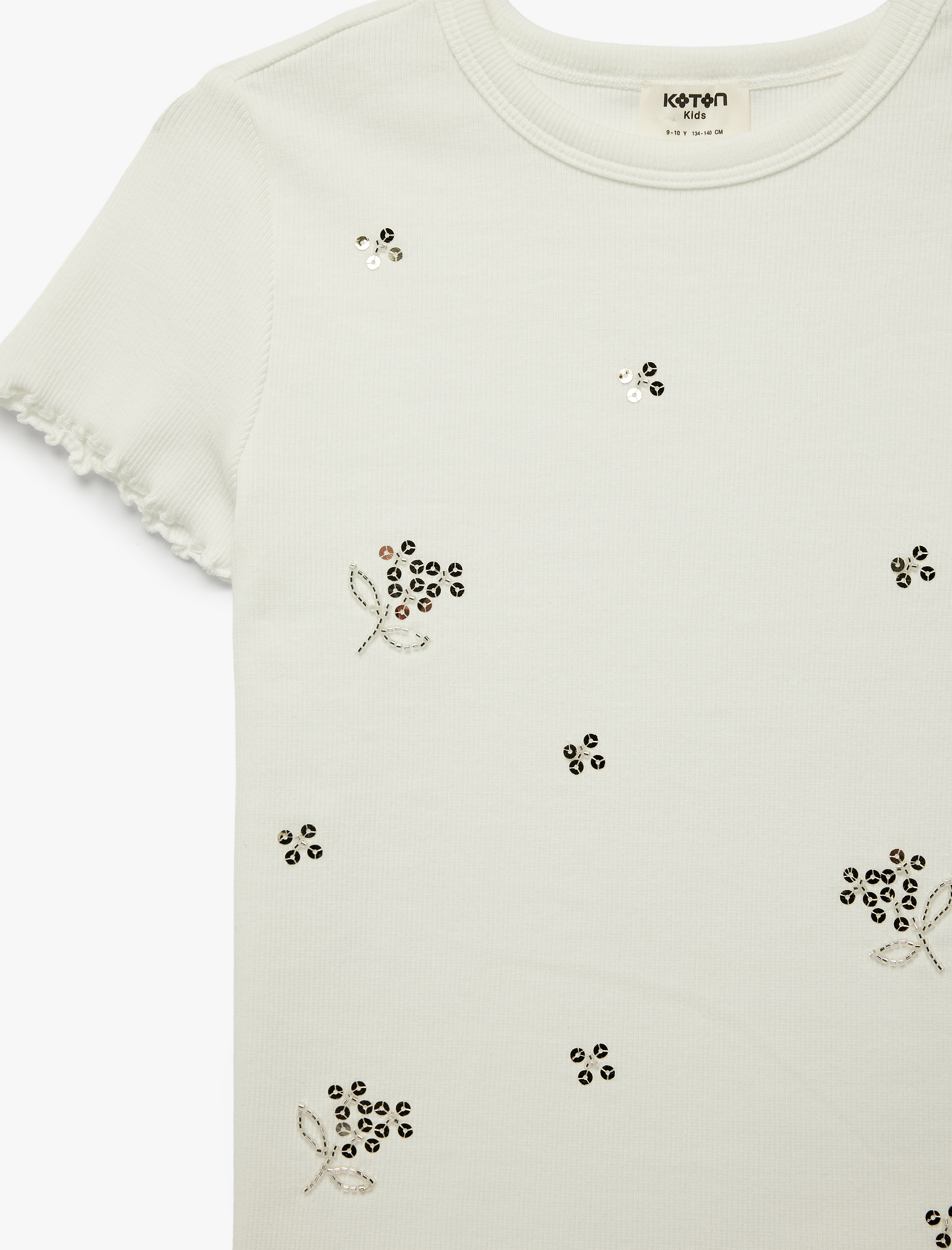  Kız Çocuk Pamuklu Kısa Kollu Bisiklet Yaka Pullu Payetli  Çiçekli Tişört