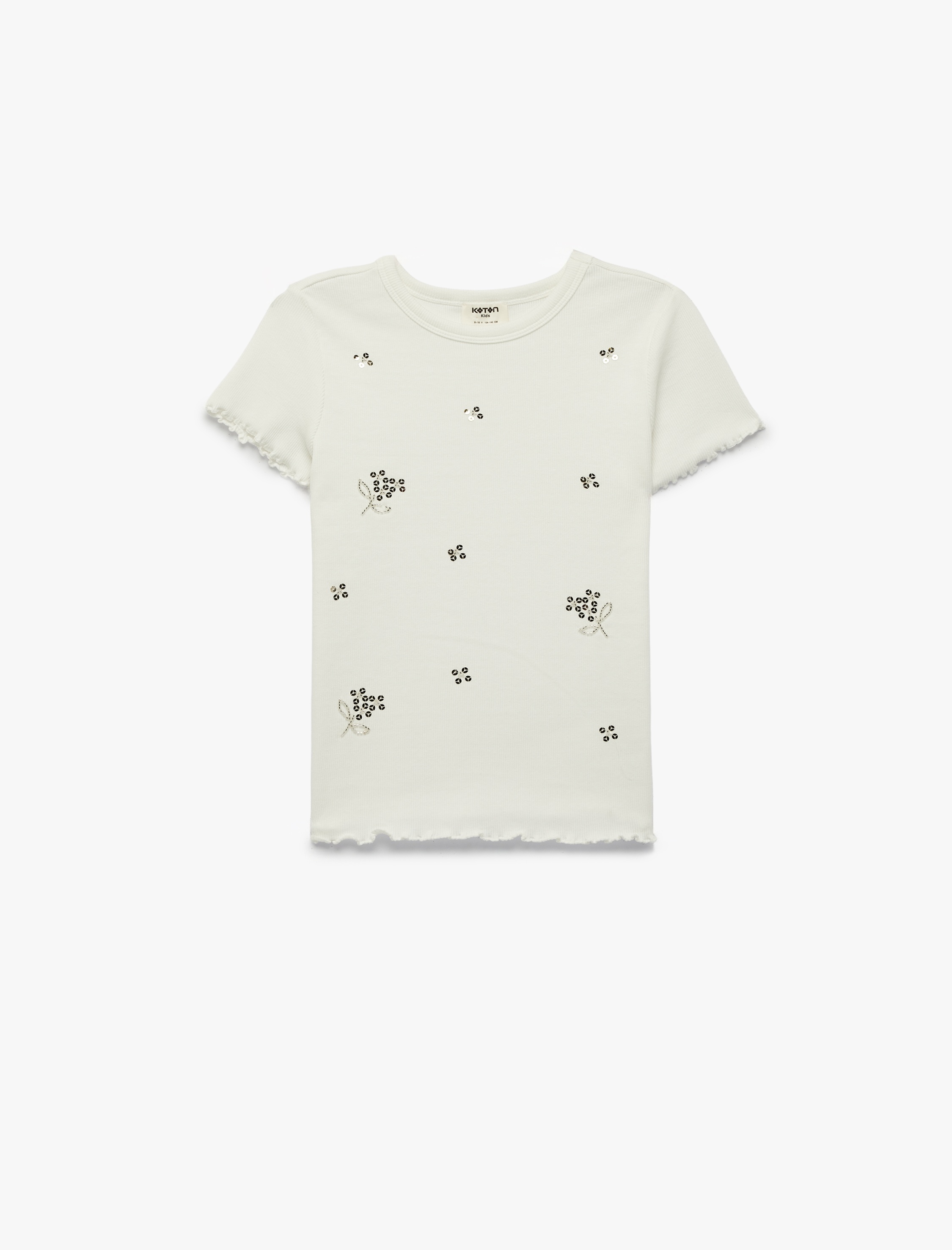  Kız Çocuk Pamuklu Kısa Kollu Bisiklet Yaka Pullu Payetli  Çiçekli Tişört