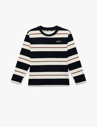 Uzun Kollu Bisiklet Yaka Pamuklu Çizgili Tişört