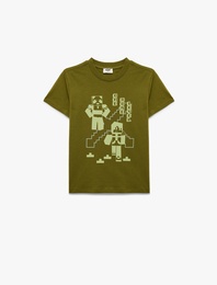 Pamuklu Bisiklet Yaka Kısa Kollu Baskılı Tişört