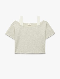 Pamuklu Kısa Kollu Çift Katlı Omzu Açık Kayık Yaka Tişört